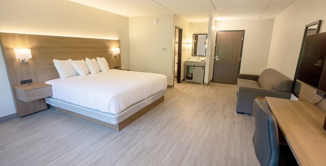 A king bed with a sofa bed and other room amenities